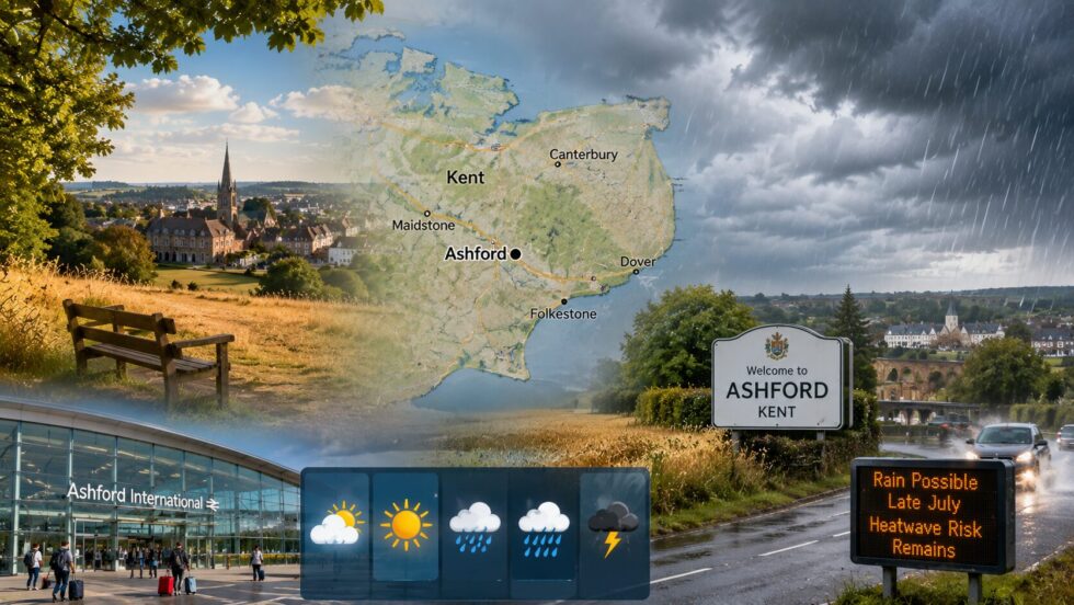 Ashford weather turns cooler after the July heatwave, but Kent remains dry under a hosepipe ban. Rain may return later in July, while above-average temperatures could bring more August heat.