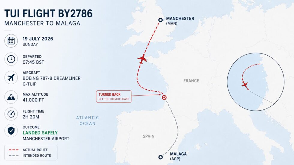 A TUI Airways flight from Manchester to Malaga was forced to turn back over France on 19 July 2026 and landed safely. The Boeing 787 G-TUIP returned after an hour; cause unconfirmed. Rights explained.