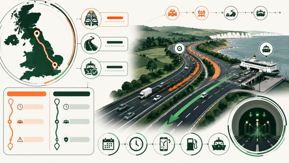 How should Ashford travellers drive to Dover in August 2026? Use M20 Junction 10a, avoid Operation Brock near Junctions 8–9 and plan extra time for ferry and border queues.