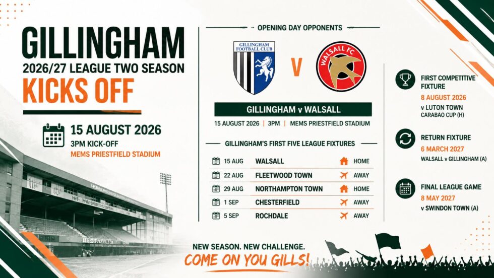 Gillingham begin their 2026/27 League Two season at home to Walsall on 15 August. Get the 3pm kick-off, Priestfield details, first fixtures and key dates for Gills supporters across Kent, and beyond.