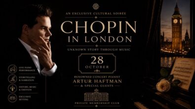 Official poster for Chopin in London at the National Liberal Club featuring concert pianist Artur Haftman, a grand piano, Big Ben and the London skyline at night.