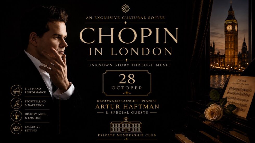 Official poster for Chopin in London at the National Liberal Club featuring concert pianist Artur Haftman, a grand piano, Big Ben and the London skyline at night.